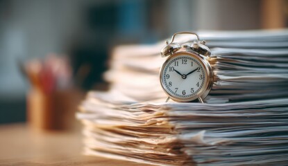 An alarm clock sits atop a stack of papers on a desk with a cup of writing utensils in the background
