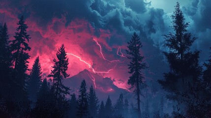 A dramatic nighttime sky, vivid lightning, and dark forest.