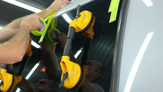 Suction pads for car windshield installing in workshop.