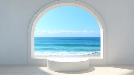 Modern Podium and Arch Window with Seaside View in Bright Room