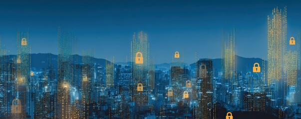 Digital cityscape at night with glowing padlock icons symbolizing cybersecurity and data protection across skyscrapers.