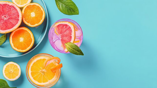 Colorful citrus slices in drinks and on a plate with fresh mint leaves on a bright blue background.
