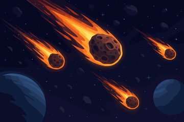 Cartoon vector illustration of a meteor shower in deep space. Fiery, burning comets and asteroids flying towards a planet. Apocalyptic concept of cosmic danger, impact, and extinction.