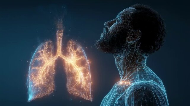 Medical animation showing a wireframe man taking deep breaths with glowing lungs next to him, highlighting the connection between respiration and the prefrontal cortex