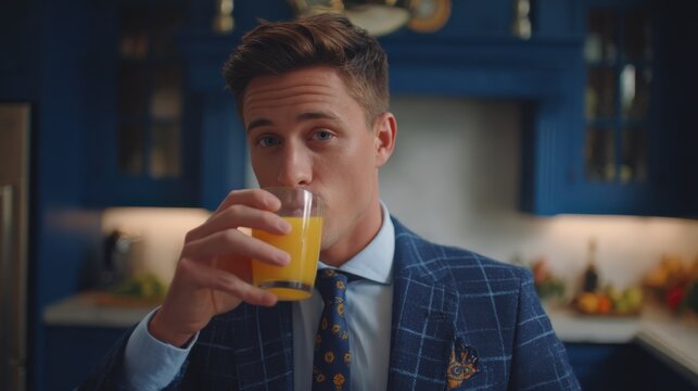 A man in a blue checkered suit drinks orange juice in a cozy, modern kitchen setting.