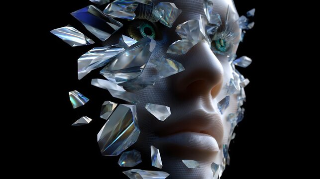 An abstract, surreal portrait representing the fragmentation and transformation of identity through shattered glass, conveying a sense of vulnerability and modern conceptual art