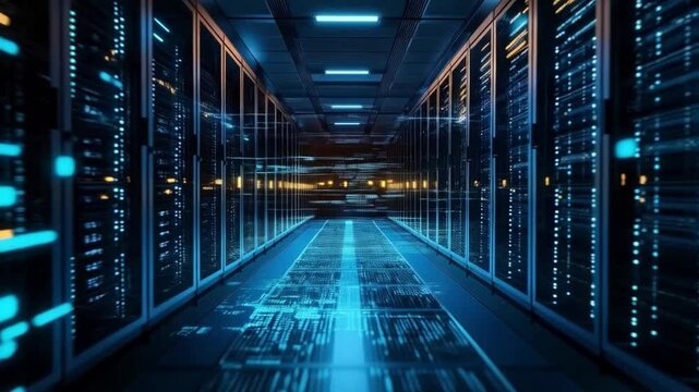 a data center or server room lined with rows of server racks housing various electronic equipment, including networking hardware and storage devices - Powered by Adobe