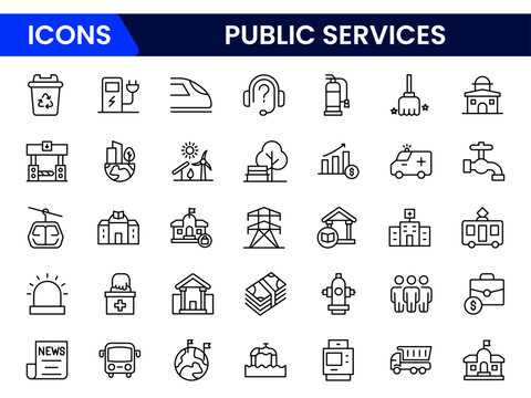 Essential vector web line icons depicting public services, healthcare, education, safety, utilities, and community support for societal well-being.