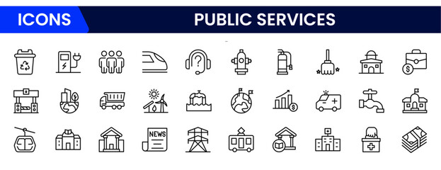 Essential vector web line icons depicting public services, healthcare, education, safety, utilities, and community support for societal well-being.