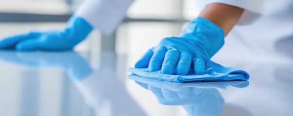 A person wearing blue gloves is cleaning a shiny surface with a blue microfiber cloth, emphasizing hygiene and cleanliness.