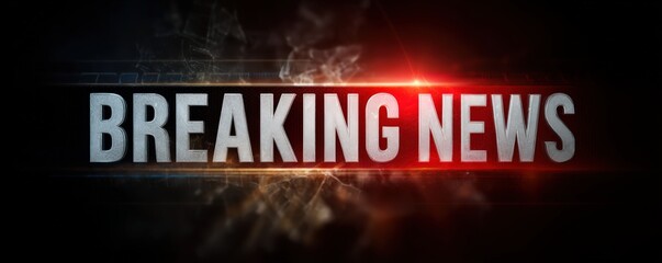 A dramatic "BREAKING NEWS" graphic with metallic text and a red glowing light effect on a dark background.