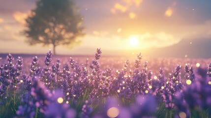 Naklejka premium Serene Sunset Over Lavender Field with Soft Glowing Lights and Tree Silhouette in Background