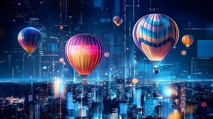 Vibrant Neon Hot Air Balloons Over a Digital Cityscape at Night