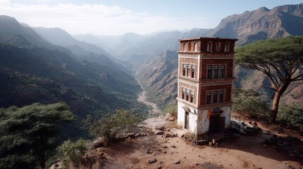 Scenic View of Abandoned Tower in Mountain Landscape