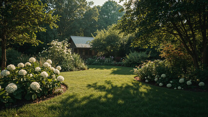 Sunlight gently filtering through trees in a peaceful garden with blooming hydrangeas
