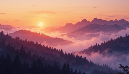 Obraz premium Sunrise over a mountain range covered in mist.