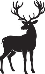 Obraz premium Black Silhouette of a Majestic Deer with Large Antlers Standing on White Background a Simple Elegant Design Ideal for Logos and Decorations