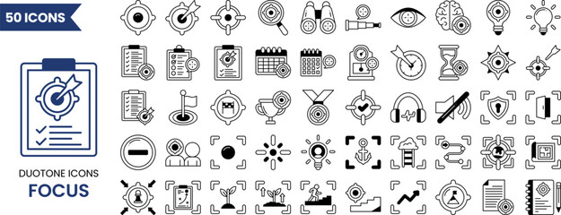 Focus icon set in duotone style. Icons related to focus, concentration, goals and more. Vector illustration