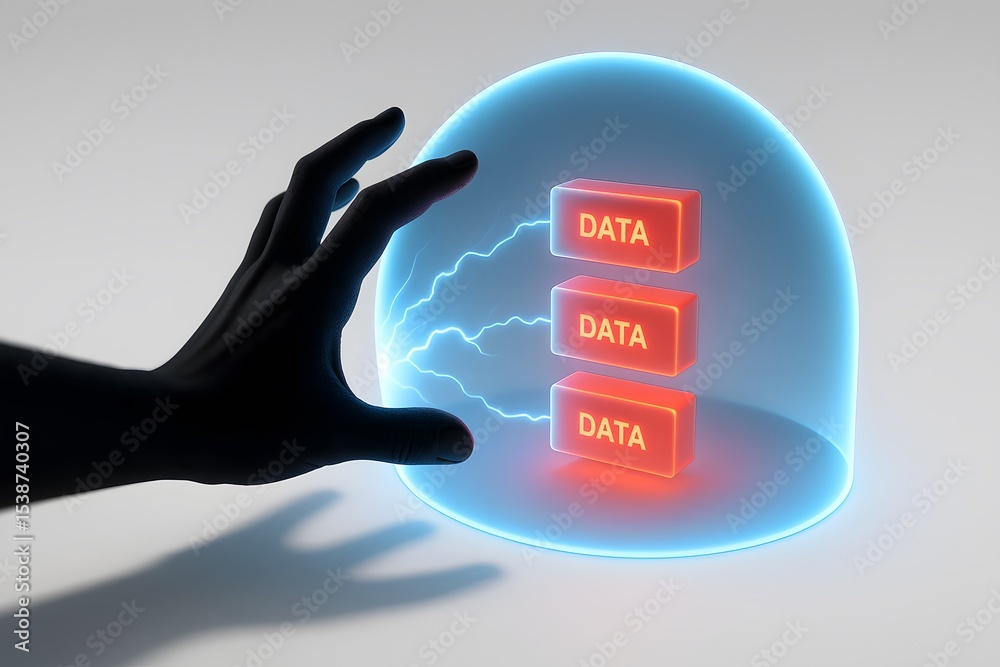 Poster conceptual illustration of data protection with hand and shield