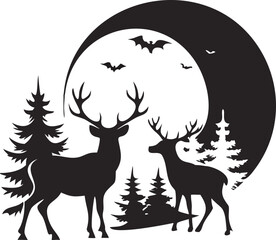 Two Black Silhouette Deer Standing in a Forest Against a Large Black Crescent Moon with Bats Flying Silhouettes of Evergreen Trees