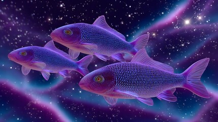Fototapeta premium Vibrant, glowing fish swimming gracefully through a surreal, otherworldly space, surrounded by a dazzling, celestial atmosphere.