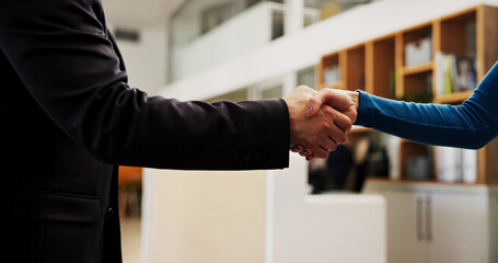 Handshake, offer and business people in office with partnership, welcome or negotiation with...