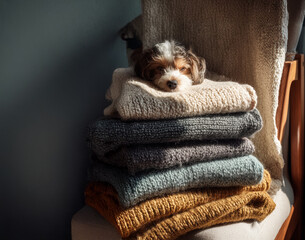 cute puppy lying on the stack of knitted throws