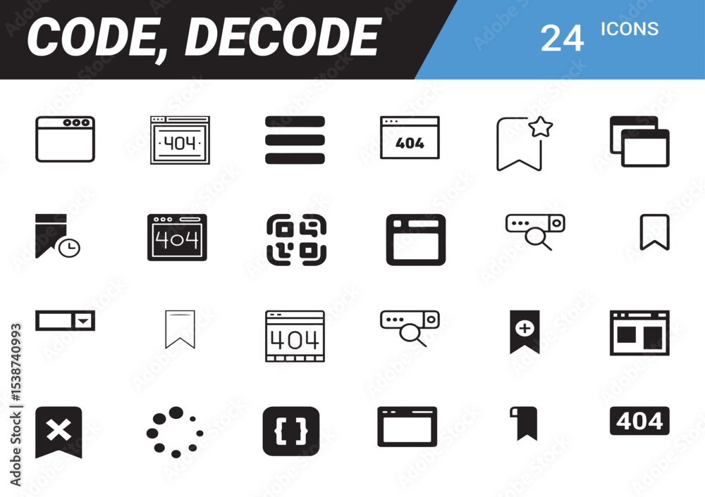 Poster code and decode icon set: a comprehensive set of modern, sleek icons representing essential elements