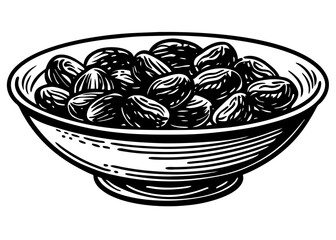 Arab food in bowl icon, Bowl of dried dates on Silhouette background