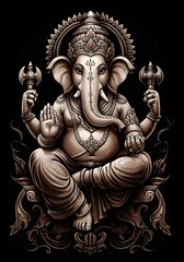 Detailed Illustration of Lord Ganesha Seated on an Ornate Throne Design