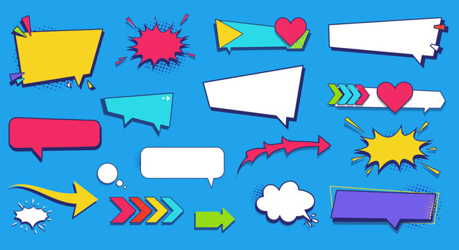 Colorful comic style speech and thought bubbles on blue background vector illustration