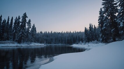 Obraz premium Tranquil Winter Scene with Snow-Covered Trees Reflecting in Calm River