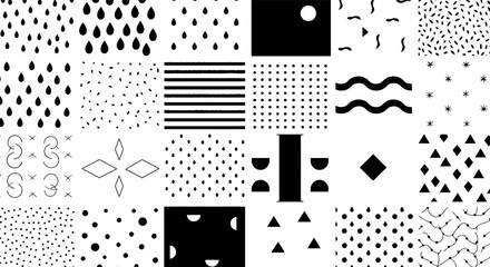Black and white geometric pattern collection with abstract shapes and lines vector illustration