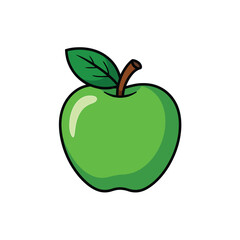 Bright Green Apple with Leaf Glossy Cartoon Illustration