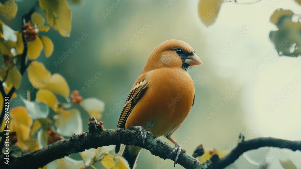 Poster a small bird sitting on a branch of a tree, possibly singing or taking flight