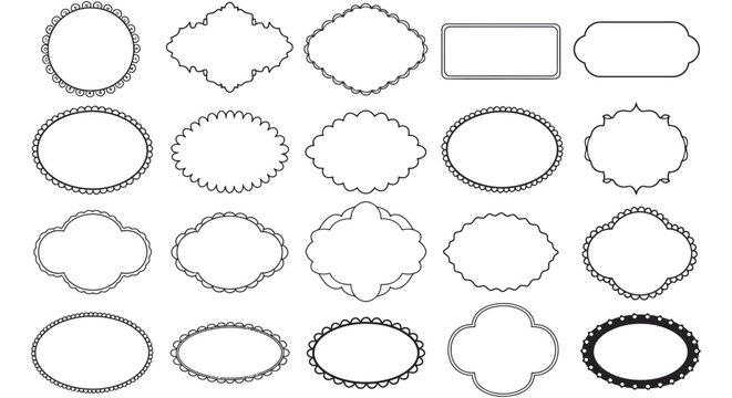 Collection of various blank decorative frames and borders in black outline vector illustration