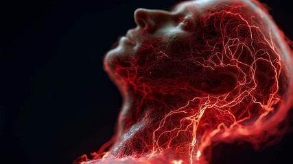 Glowing red veins and arteries highlighting human nervous system, revealing potential neurological processes involving sensory overload and vascular complexity within bodily health dynamics