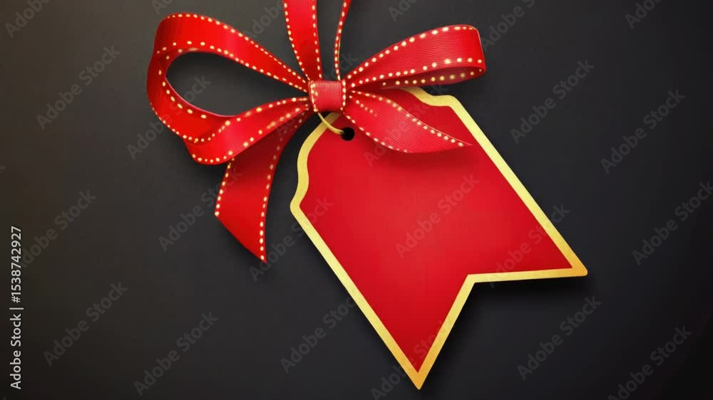 Poster A small red gift tag tied with a matching red ribbon, perfect for wrapping presents or adding a decorative touch