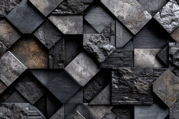 modern black overlapping square tiles, 3D wall surface design, architectural texture. Generative AI