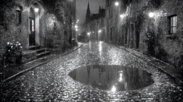 Fototapeta Rainy Night in Cobblestone Street: A Monochromatic Reflection