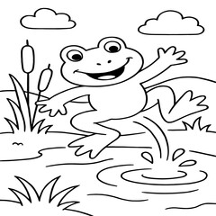 A lively cartoon frog leaps into a pond, splashing water as it lands, drawn in a playful black-and-white outline for coloring.