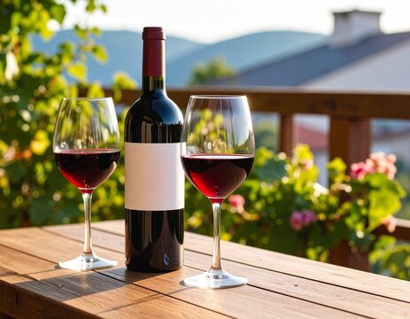 A bottle of red wine and two glasses on wooden table on sunny terrace. 