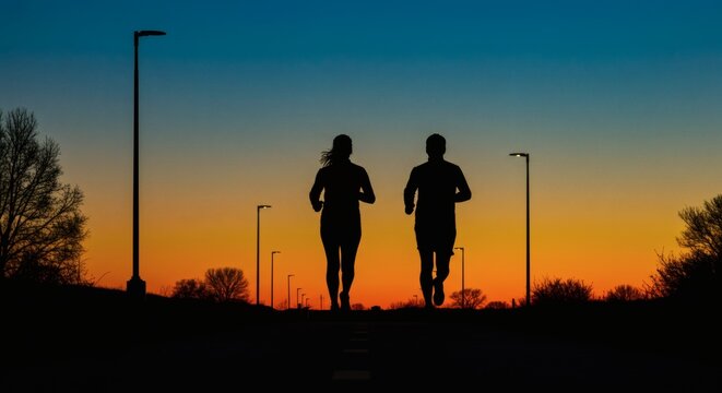 Two silhouetted figures are running on a road lined with streetlights at sunset, likely for exercise or leisure.