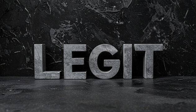 Word LEGIT made of stone standing against black cement wall backdrop.