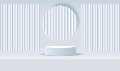 Podium display white and grey background with wood wall. Empty room studio texture. Mock up sale vector design.