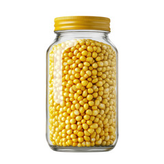 Glass jar filled with yellow corn kernels, showcasing vibrant colors and textures for culinary use or decoration on transparent background