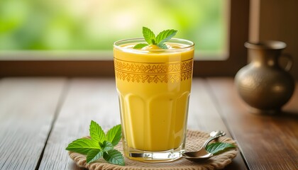 Indian Mango Lassi Smoothie with mint , side view
