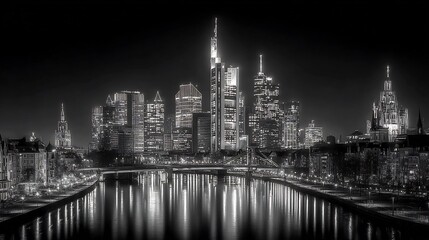 Frankfurt Skyline Night Panorama: Monochrome Cityscape