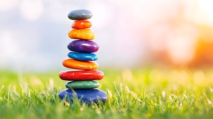 Colorful stones stacked, outdoors, zen garden, sunset