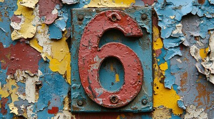 Weathered number six on a multicolored, peeling surface